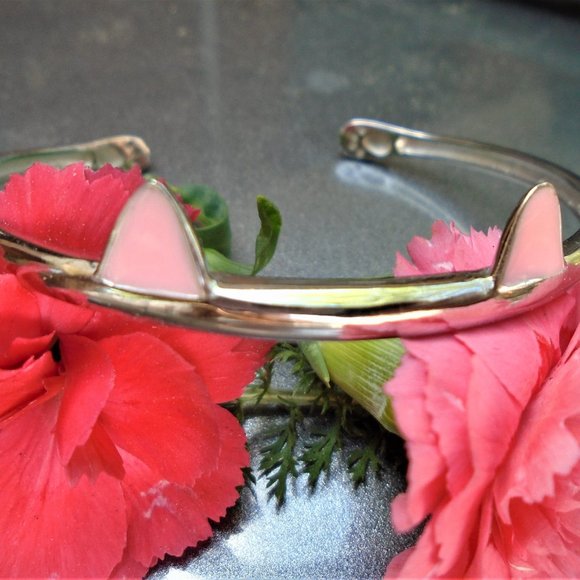 Adorable Cat Kitten Pink Ears 925 Sterling Silver Bangle Bracelet Cute Paw Cuff - Picture 2 of 4